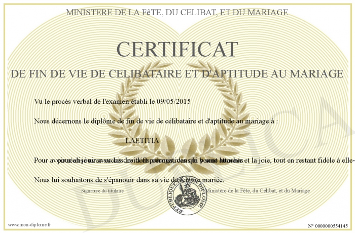 Certificat denterrement de vie de célibataire